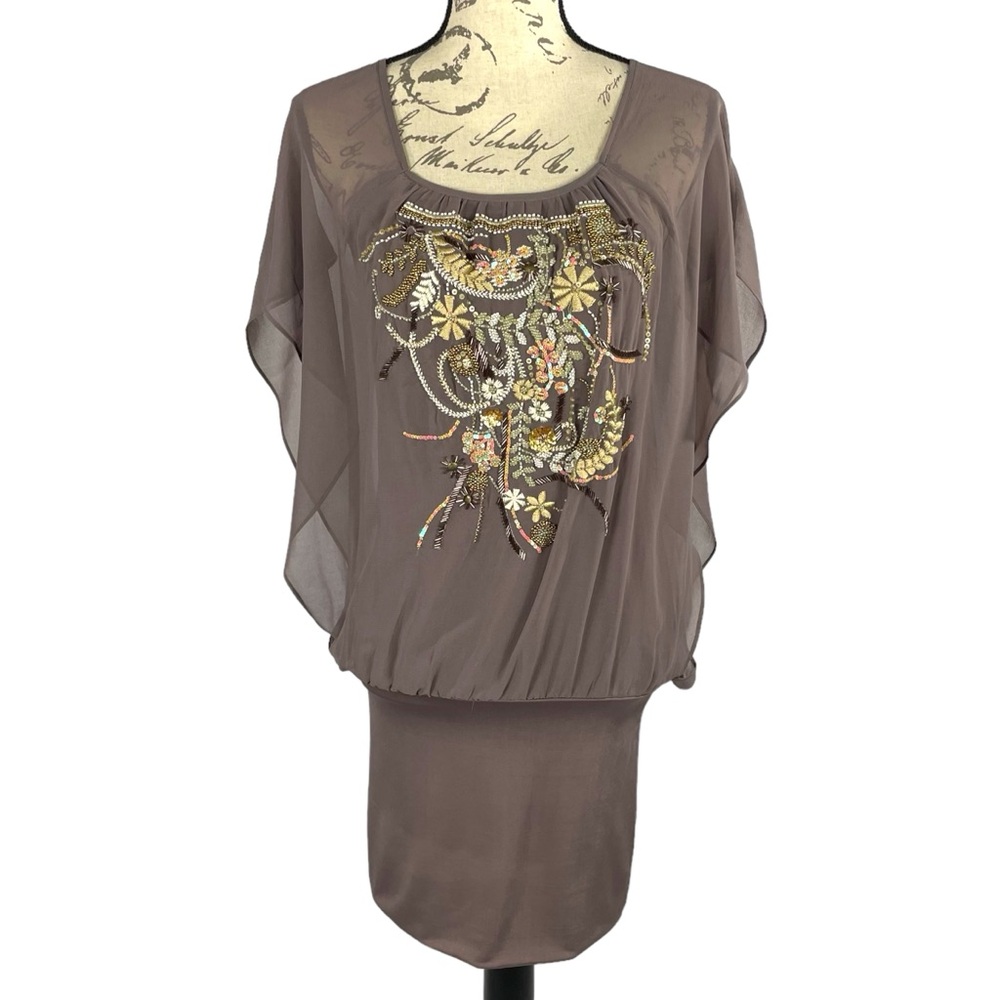 NWT Sugarlips Chiffon Dress With Batwing Sleeves Beading Embroidered Detail